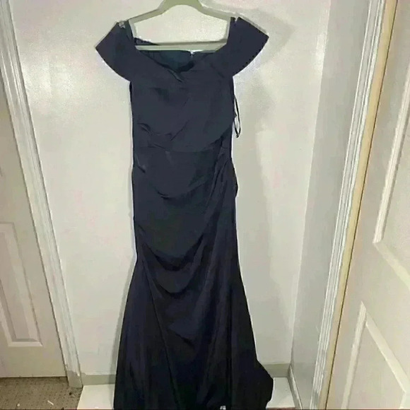 NEW La Femme Off Shoulder Ruched Satin Trumpet Gown - Picture 3 of 10